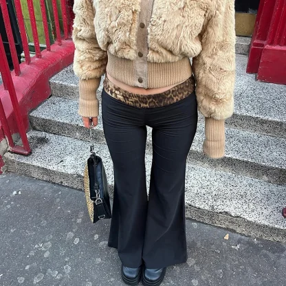 Leopard Print Trim Flare Leggings - Image 2