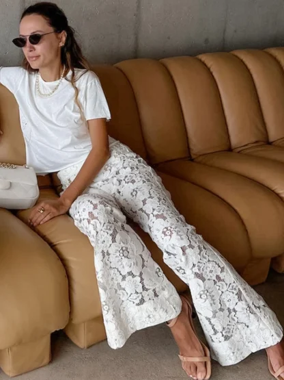 White Sexy Lace Flare Leggings - Image 4